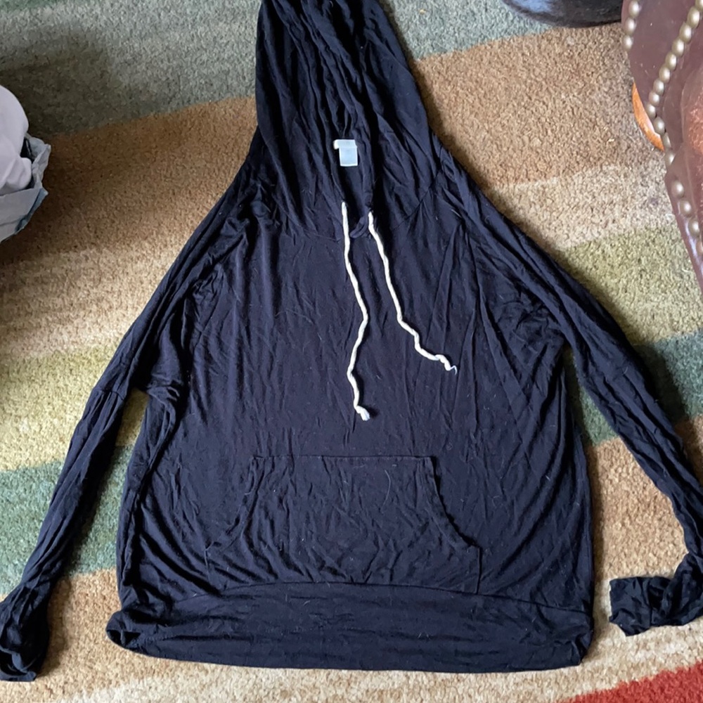 Thin, black sweatshirt with a hood